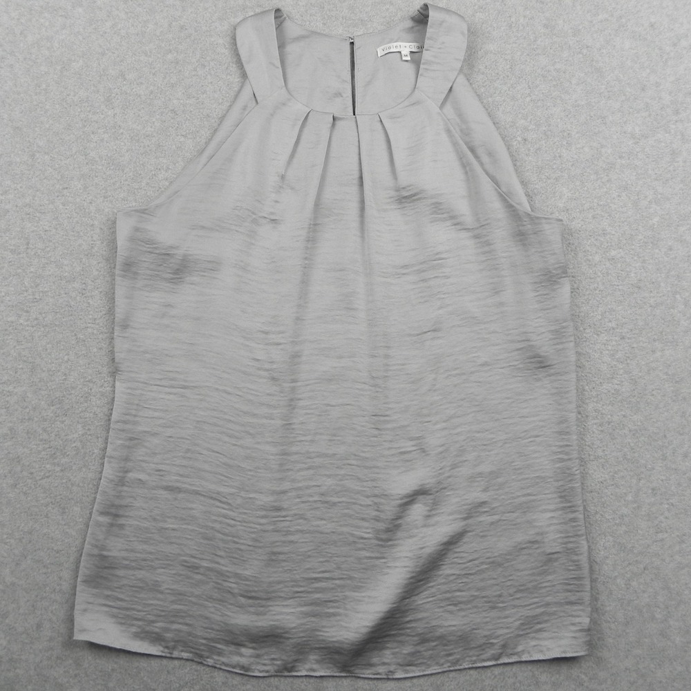Violet & Claire Top Womens Medium Pleated Scoop Neck Blouse Silver Sleeveless